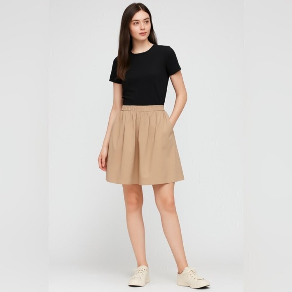 Uniqlo XS Beige A-Line Midi Skirt with Elastic Waist